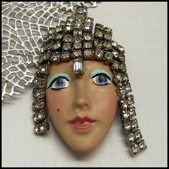 1950s Art Deco Flapper Lady Bisque Porcelain Vintage Face Brooch - Picture 3 of 7